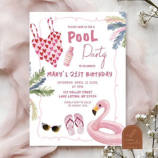 Invitation Illustration Whimsical Fête de Pool de filles