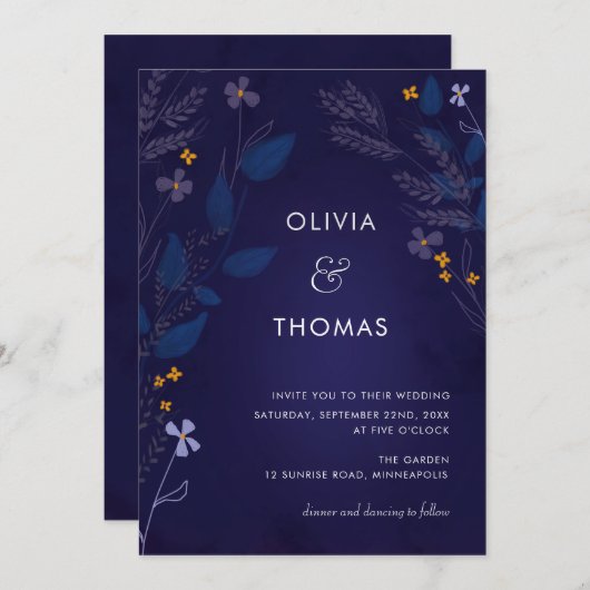 Invitation Illustration Whimsical Indigo Honey Flora Mariage (Devant / Derrière)