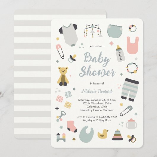 Invitation illustrations de jouets de nursery dessinés à la m (Devant / Derrière)