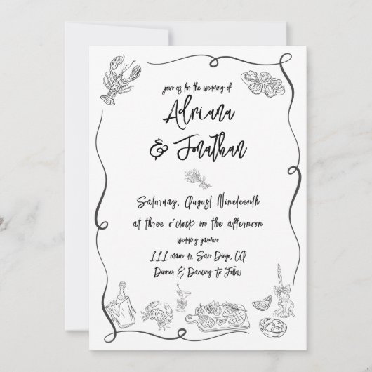 Invitation Illustrations dessinées à la main en noir et blanc (Devant)