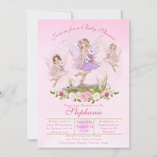 Invitation Illustrations roses Baby showers de fées (Devant)