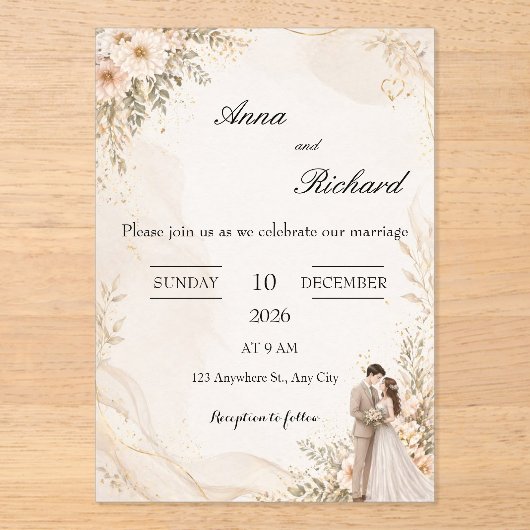 Invitation Illustrée Couple & Fleurs Roses Clair (Recto)