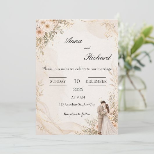 Invitation Illustrée Couple & Fleurs Roses Clair (Debout devant)