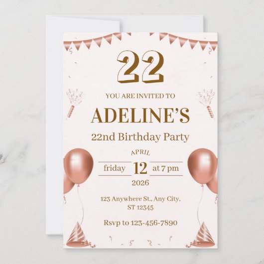 Invitation illustrée d'anniversaire 22 ans Rose Go (Devant)