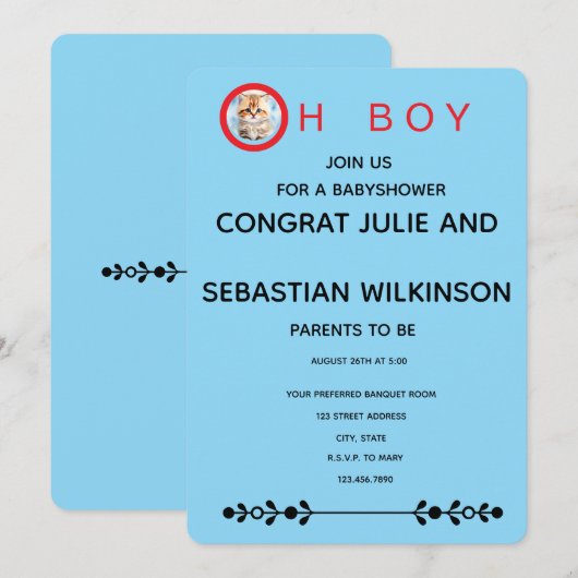 Invitation Image de chat Oh Boy pour Baby Shower (Devant / Derrière)