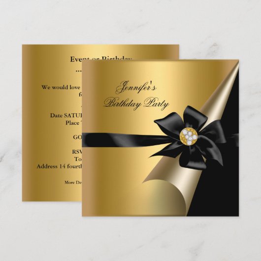 Invitation Image de diamant à arc noir or pour fête d'anniver (Devant / Derrière)