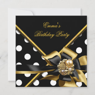 Invitation Image de fête d'anniversaire or noir blanc pois