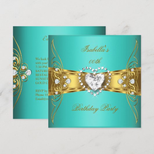 Invitation Image Diamant Or Bleu Aqua Élégant (Devant / Derrière)