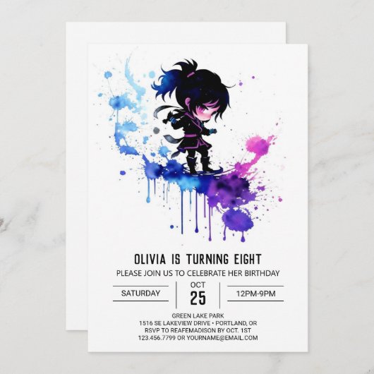 Invitation Imaginaire Adorable Ninja Digital Girl Anniversair (Devant / Derrière)