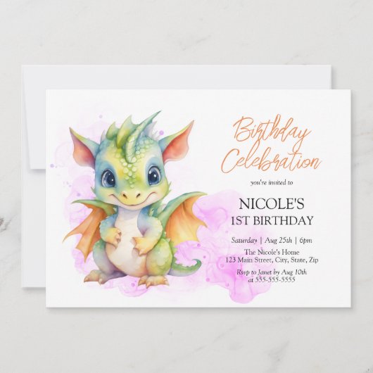 Invitation Imaginaire Bébé mignon Dragon Fairytale 1er annive (Devant)