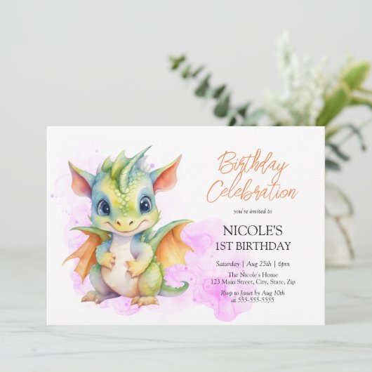 Invitation Imaginaire Bébé mignon Dragon Fairytale 1er annive (Debout devant)