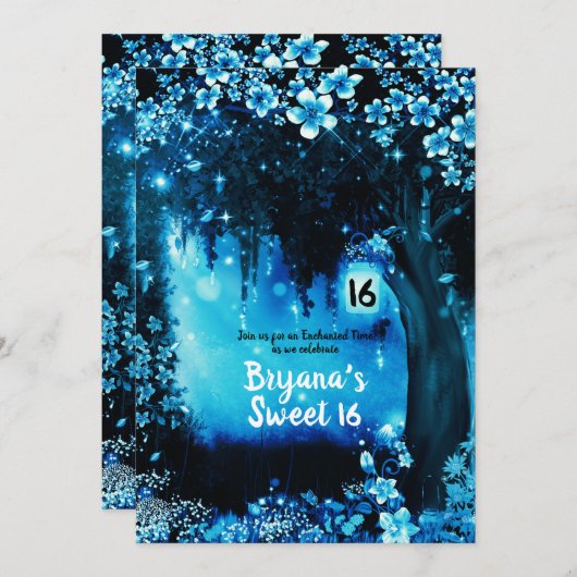 Invitation Imaginaire Bois Enchantée Forêt Bleue Douce 16 (Devant / Derrière)