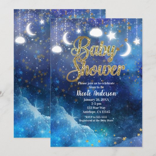 Invitation Imaginaire céleste Gold Stars & Baby shower lumine (Devant / Derrière)