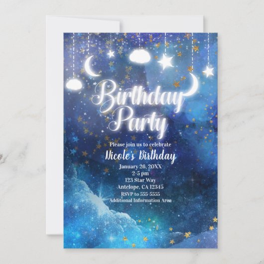 Invitation Imaginaire céleste Gold Stars & Glow Birthday Part (Devant)