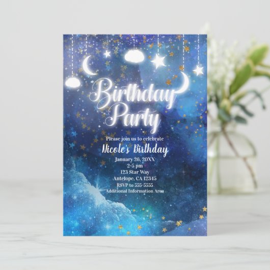 Invitation Imaginaire céleste Gold Stars & Glow Birthday Part (Debout devant)