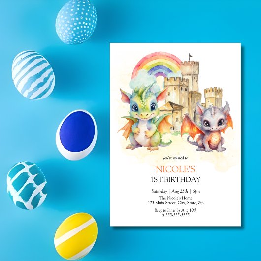 Invitation Imaginaire Cute Dragon Castle Rainbow Anniversaire