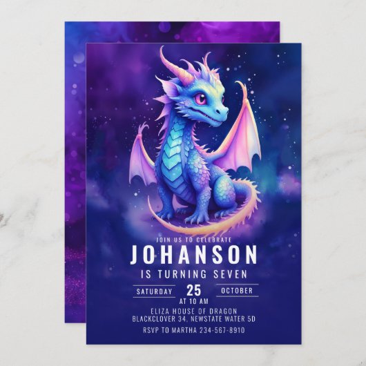 Invitation Imaginaire Dragon mignon bleu foncé fête d'anniver (Devant / Derrière)