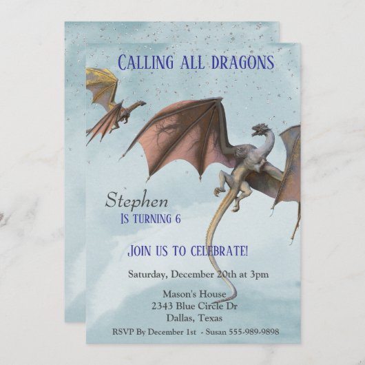 Invitation Imaginaire dragon Serpent fête d'anniversaire enfa (Devant / Derrière)