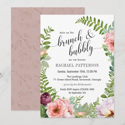 Invitation Imaginaire Floral Brunch et Bubbly Fête des marié (Devant / Derrière)