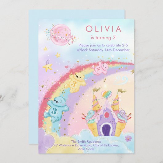 Invitation Imaginaire magique Arc-en-ciel ours Anniversaire d (Devant / Derrière)