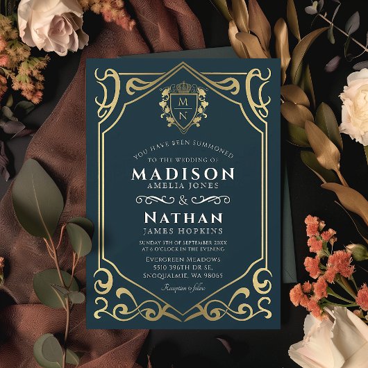 Invitation Imaginaire médiéval royal bleu Mariage Monogramme