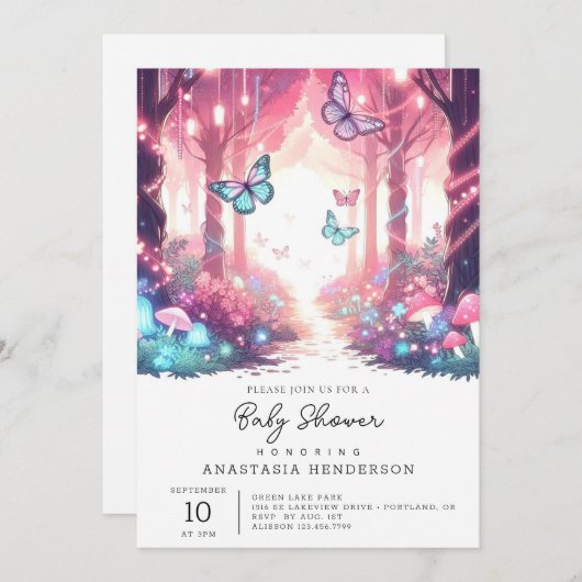 Invitation Imaginaire moderne Baby shower forestier enchanté (Devant / Derrière)