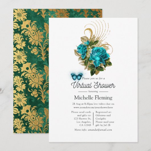Invitation Imaginaire Turquoise et Gold Douche virtuelle (Devant / Derrière)