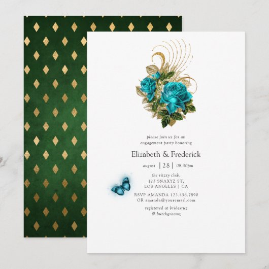 Invitation Imaginaire Turquoise et Gold Engagement Party (Devant / Derrière)
