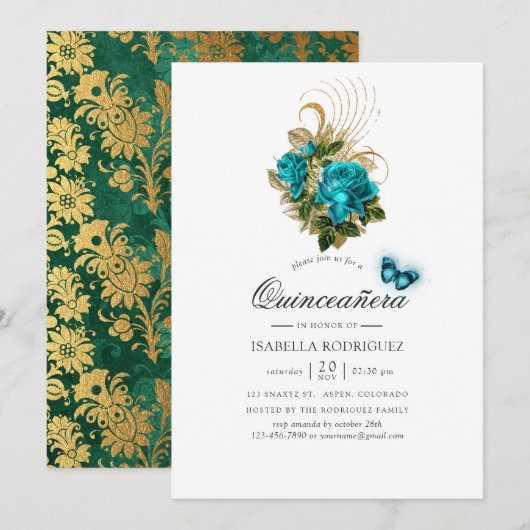 Invitation Imaginaire Turquoise et Gold Quinceañera (Devant / Derrière)