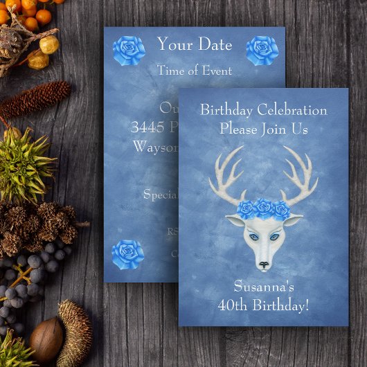 Invitation Imaginaire White Deer Head Antlers Blue Rose Anniv