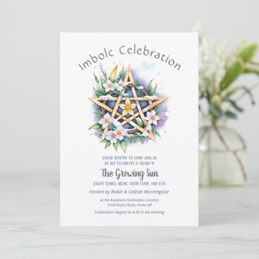 Invitation Imboly Floral Snowy Pentacle Wiccan Holiday (Debout devant)