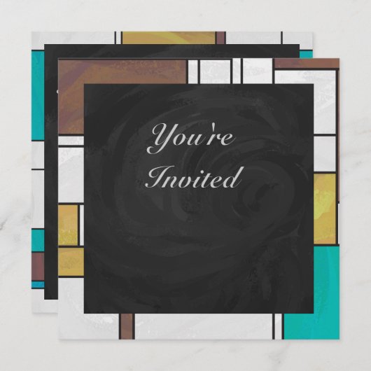 Invitation Impression Brown jaune Turquoise Mondrial (Devant / Derrière)