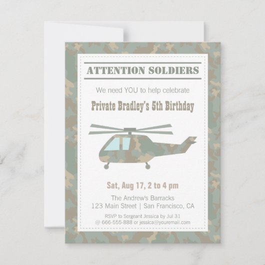 Invitation Impression camouflage Hélicoptère Armée Garçons Fê (Devant)