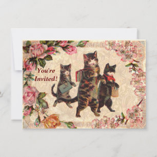 Invitation Impression de chatons vintage allant à l'école : V