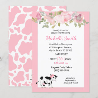 Invitation Impression de vache moderne et Baby shower floral