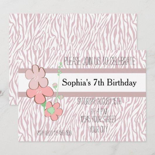 Invitation Impression Girl rose Zebra (Devant / Derrière)