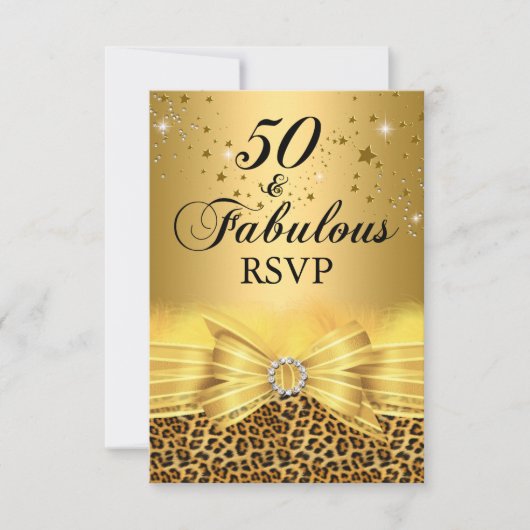 Invitation Impression léopard et nœud 50 et fabuleux RSVP or (Devant)