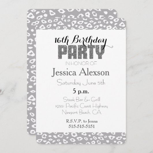 Invitation Impression léopard gris blanc 16e anniversaire (Devant / Derrière)