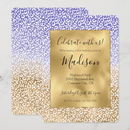 Invitation Impression léopard ombré or blanc violet (Devant / Derrière)