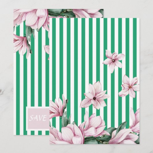 Invitation Impression magnolia à rayure verte, été, printemps (Devant / Derrière)