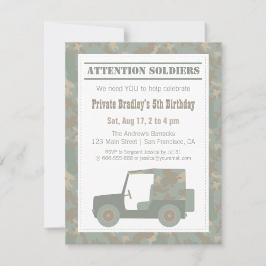 Invitation Impression militaire de camouflage Fête d'annivers (Devant)
