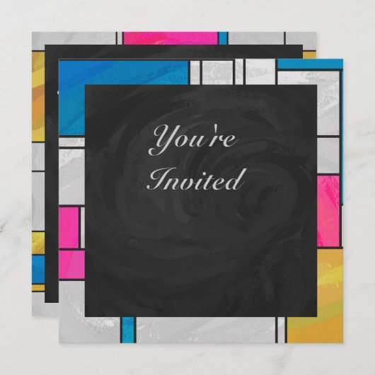 Invitation Impression Mondrial jaune rose (Devant / Derrière)