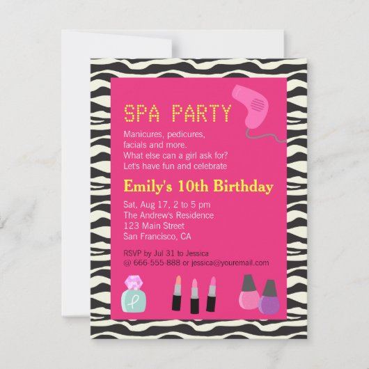 Invitation Impression Zèbre, Soirée Spa, Pour Filles (Devant)
