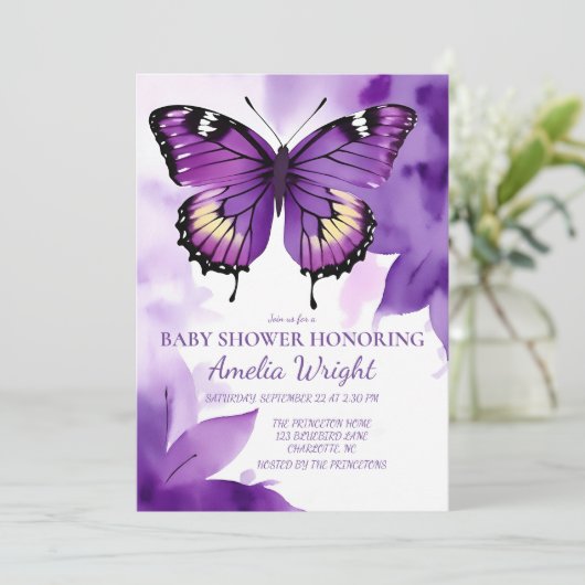 Invitation Impressions papillon d'aquarelle pourpre (Debout devant)