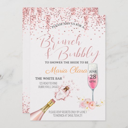 Invitation Imprimable - Brunch & Bubbly Pink Champange (Devant / Derrière)