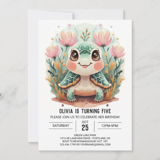 Invitation Imprimable fille tortue sous-marine Anniversaire (Devant)