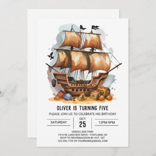 Invitation Imprimable Nautique Fun Pirate Anniversaire (Devant / Derrière)