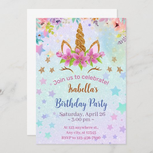 Invitation Imprimable Unicorn Anniversaire Modèle, (Devant / Derrière)