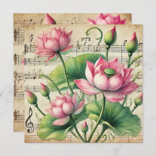 Invitation Imprimable Vintage Lotus rose et vert (Devant / Derrière)