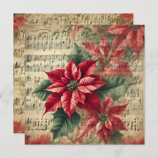 Invitation Imprimable Vintage Noël Poinsettia Partition Musiq (Devant / Derrière)